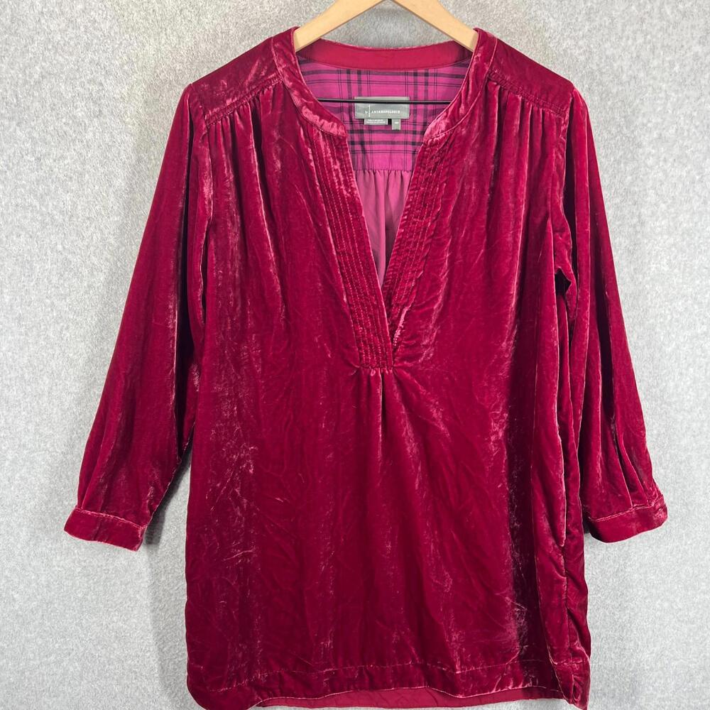 Anthropologie Melody Velvet Tunic Dress Womens XSP Raspberry Red‎ V-Neck Pockets